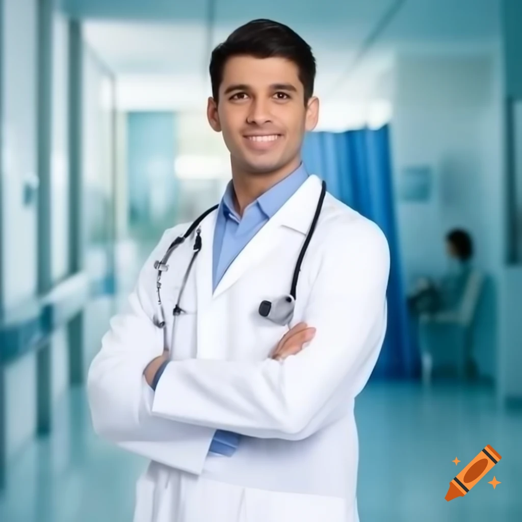 Confident young male doctor posing in hospital setting