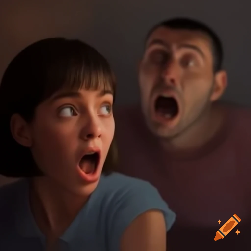 Woman expressing shock and surprise while listening to a man's statements