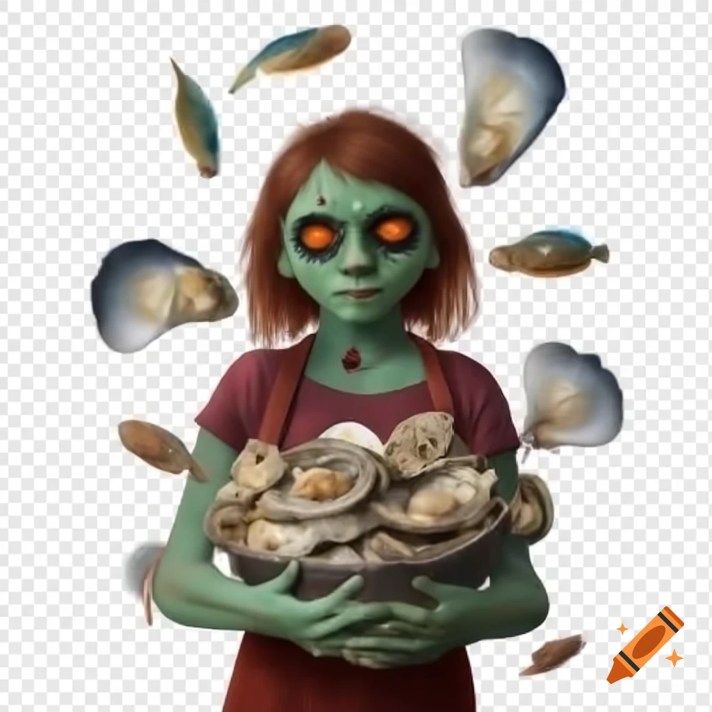 Zombie girl with clams, oysters, and fish on transparent background
