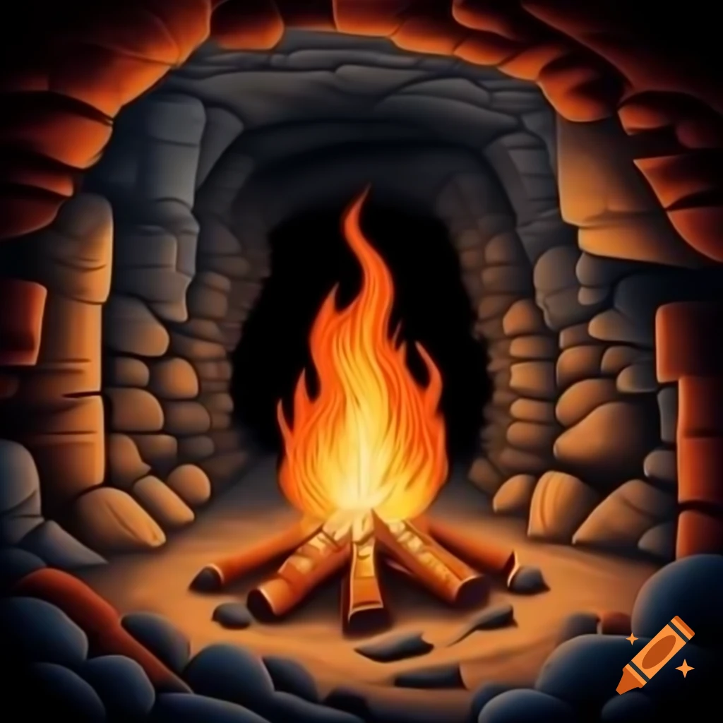 Detailed cartoon illustration of a campfire in underground cavern with tunnel