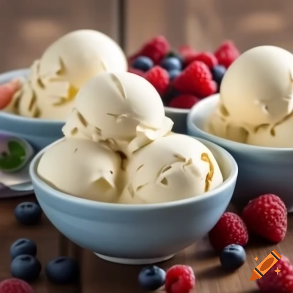 Ice cream in bowls with fresh berries on wooden table