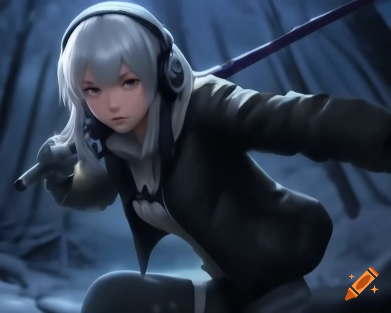 Anime woman with silver hair and sword in forest, wearing headphones, depicting a sad expression in snow