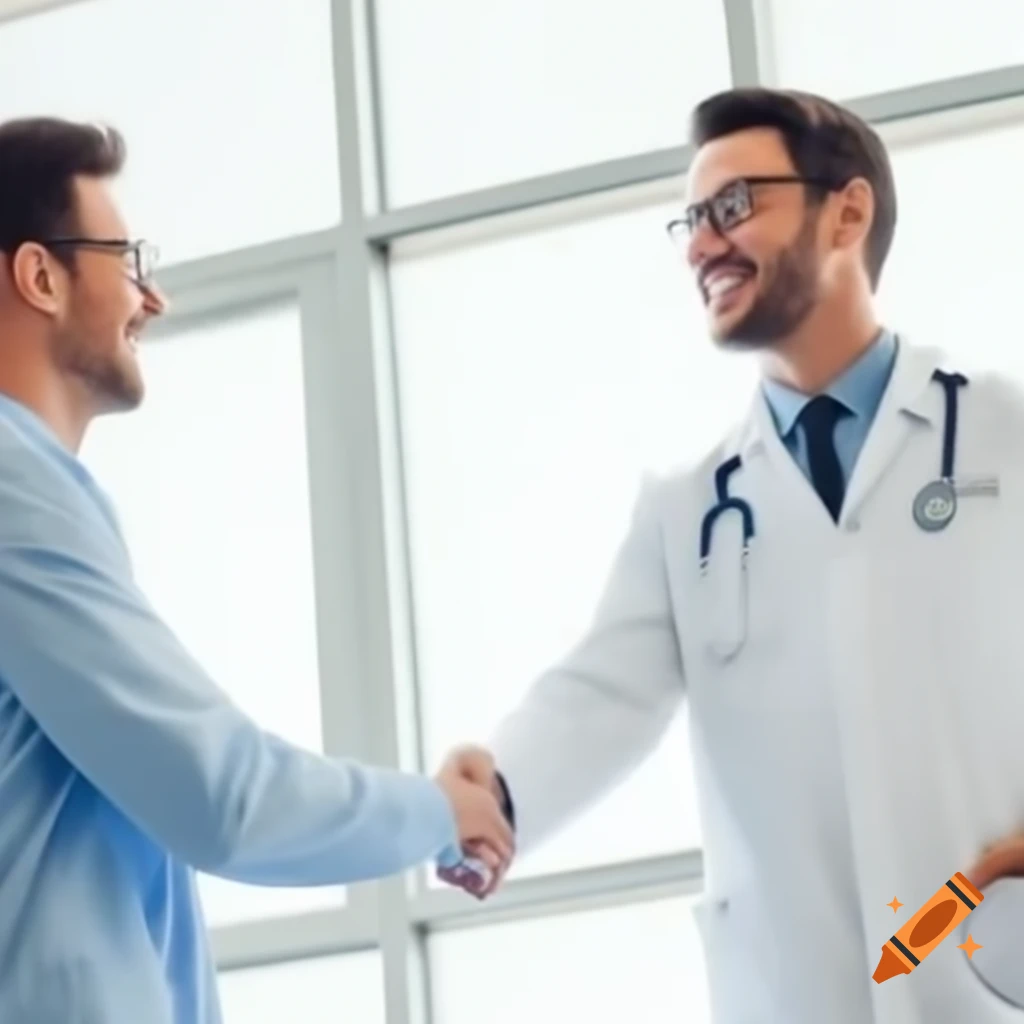 Two male doctors smiling and shaking hands with gloved hands