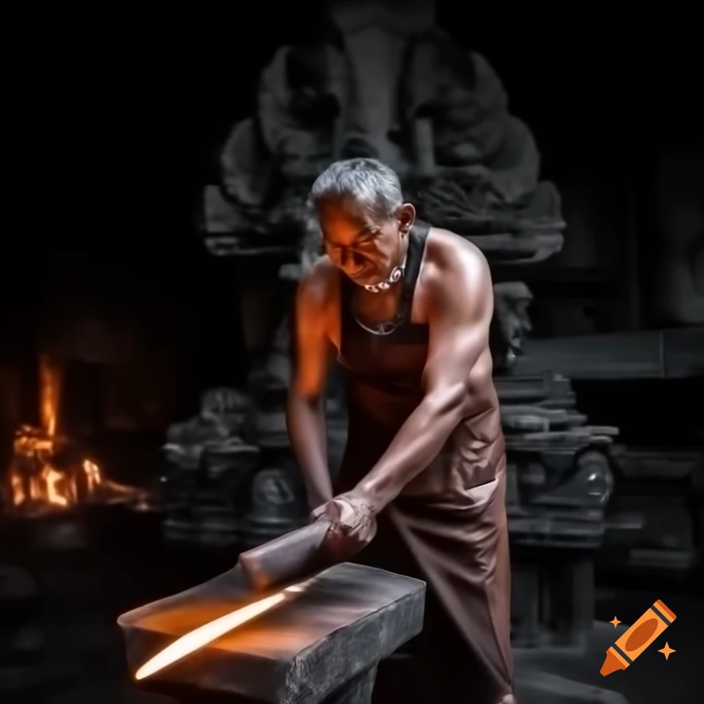 Strong blacksmith sharpening freshly crafted blade with focused strokes