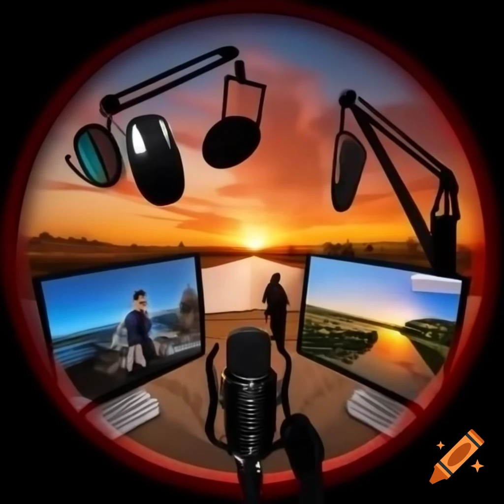 Dynamic background with four uniquely designed microphones in semi-circle for podcast The Big Divide