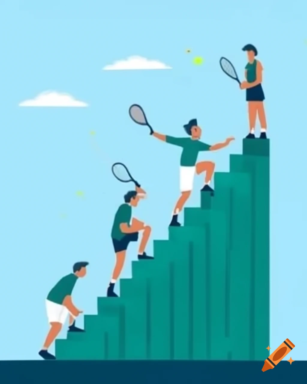 Tennis players competing in a dramatic ladder challenge