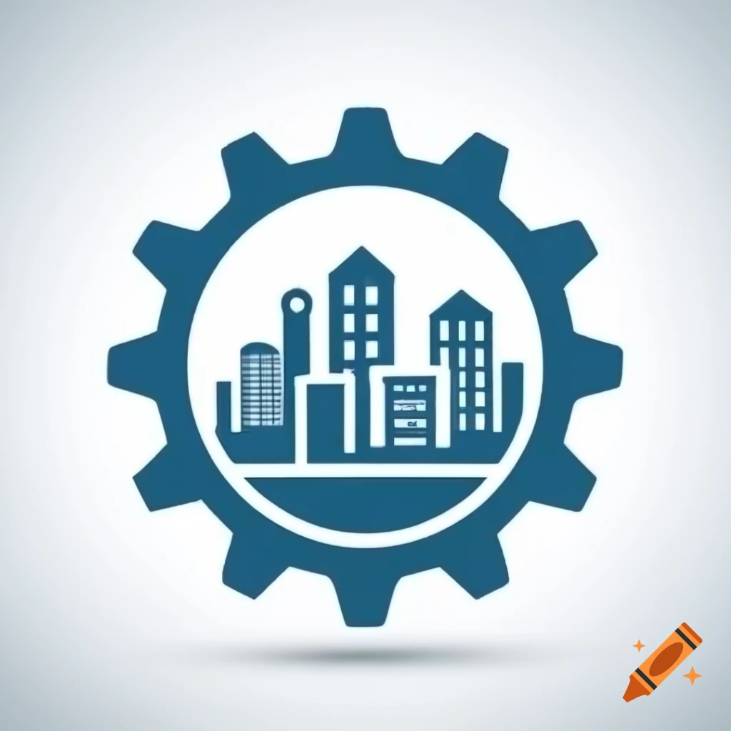 Gear icon featuring city buildings in the center