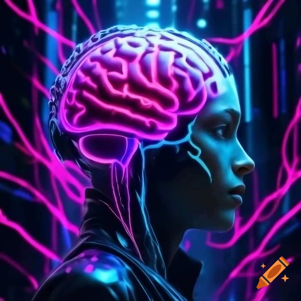 Futuristic AI brain with glowing neural connections in cyberpunk city ...