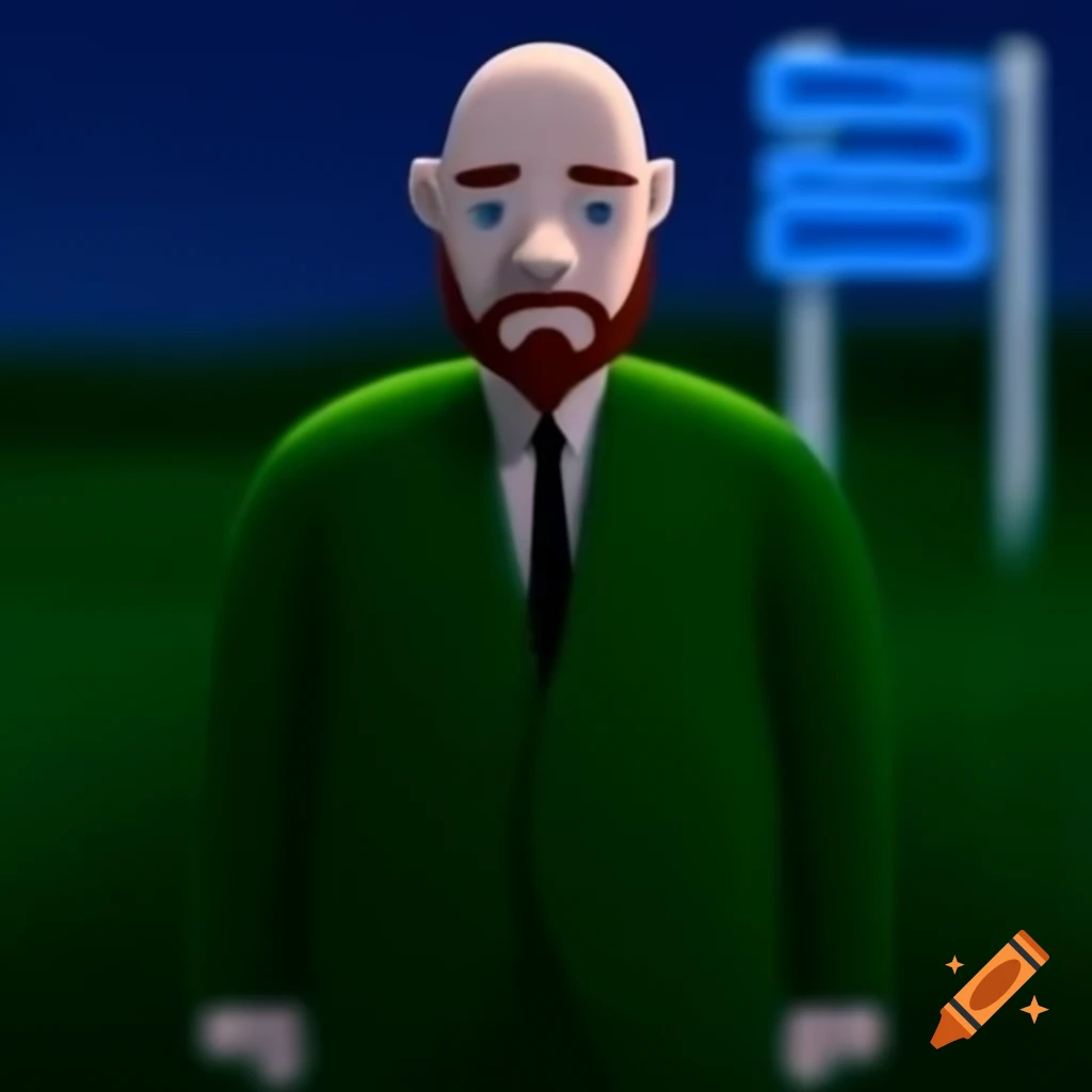 Bald man with beard in green suit standing on grass during blue hour