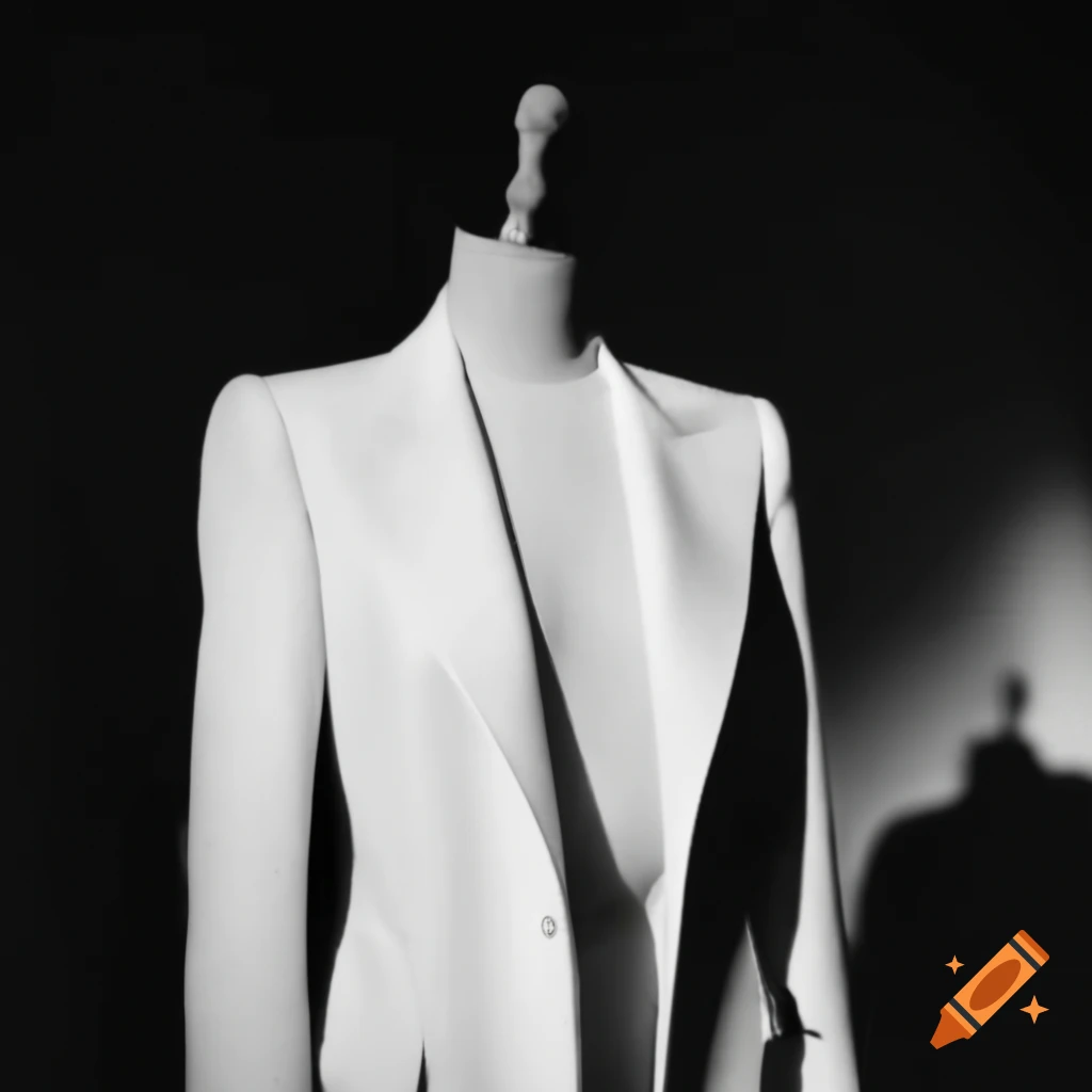 White female overcoat displayed on half body mannequin with soft lighting