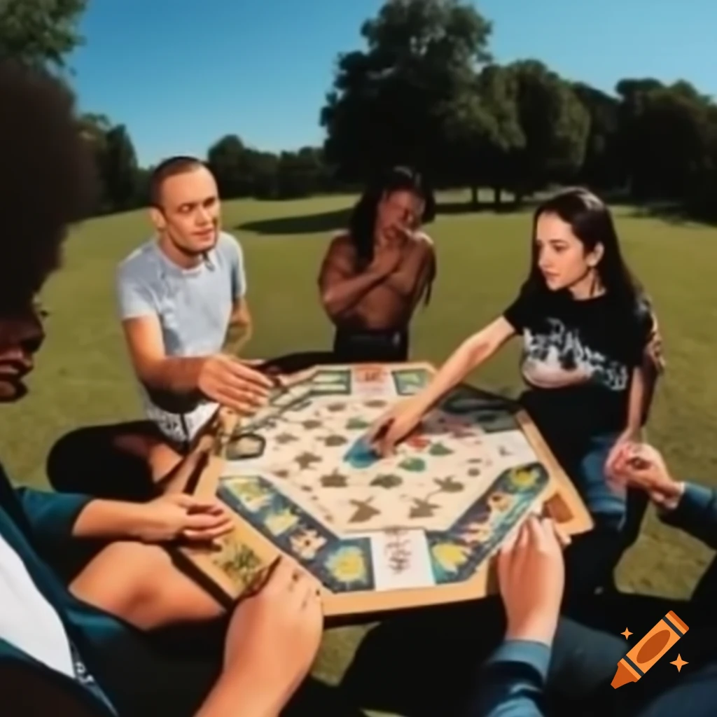 Famous people playing board game in sunny park