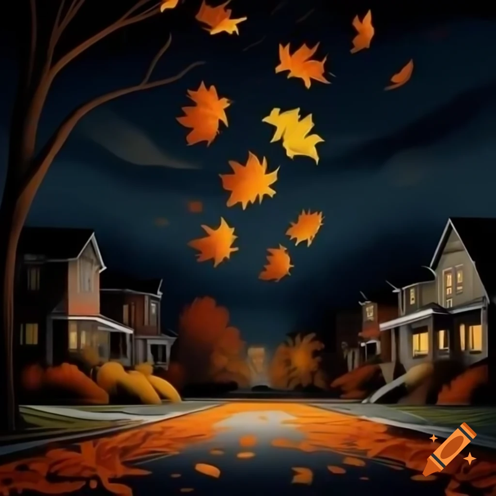 Concept painting of fall leaves floating down suburban street on Halloween night