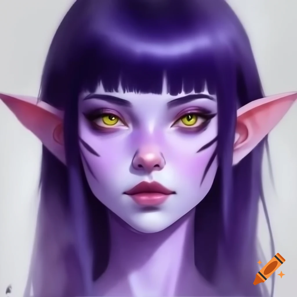 Character with light purple skin, dark purple hair, and pointed ears on ...