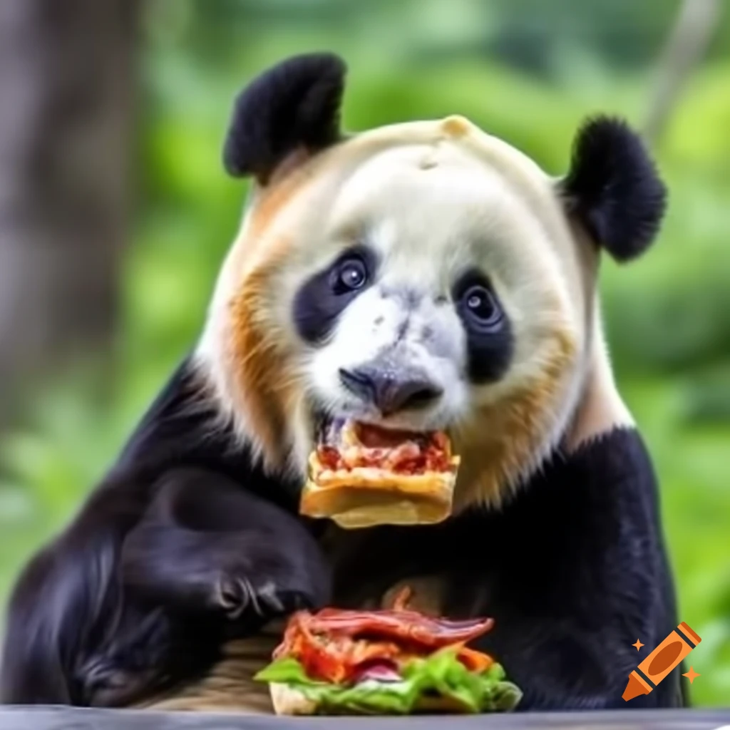 Panda enjoying a bacon sandwich in a playful setting