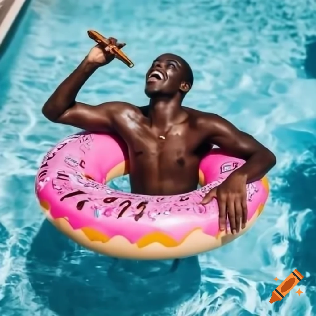 Gender-ambiguous person with ebony skin floating on pink donut inflatable in pool, joyfully holding cigar