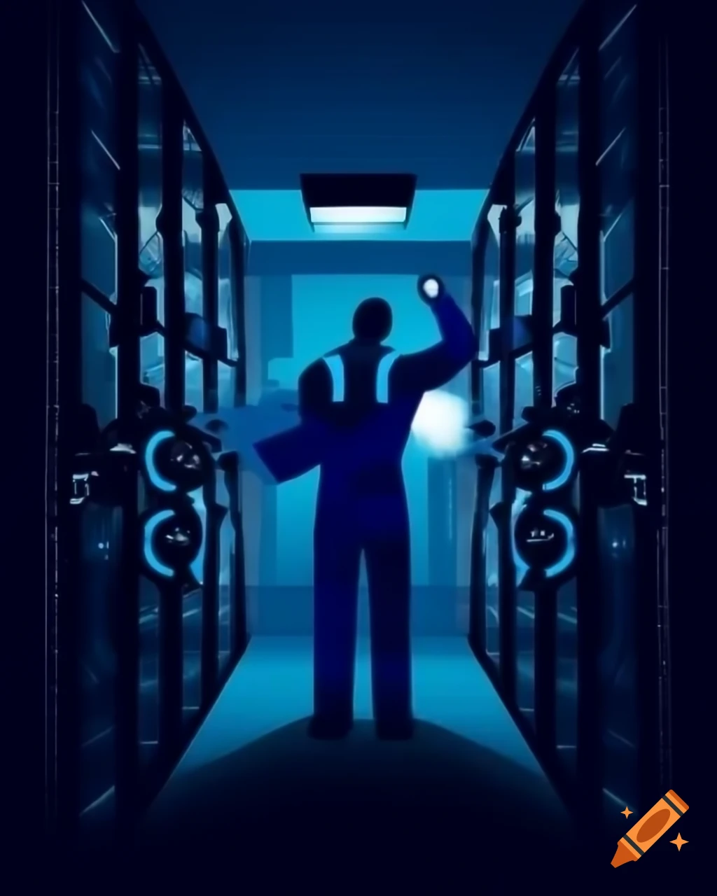Technician troubleshooting network switch in dimly lit server room with soft red and blue lights