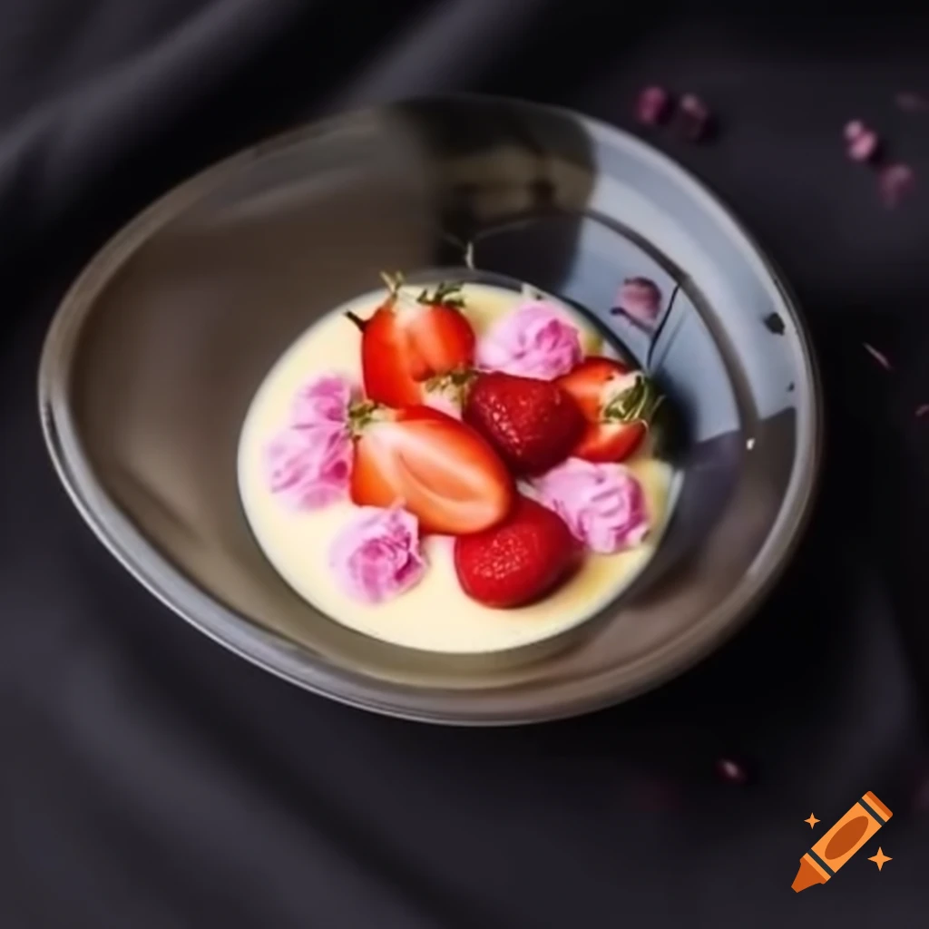 Lemon mousse dessert in shallow bowl, garnished with strawberries, meringues, and rose petals