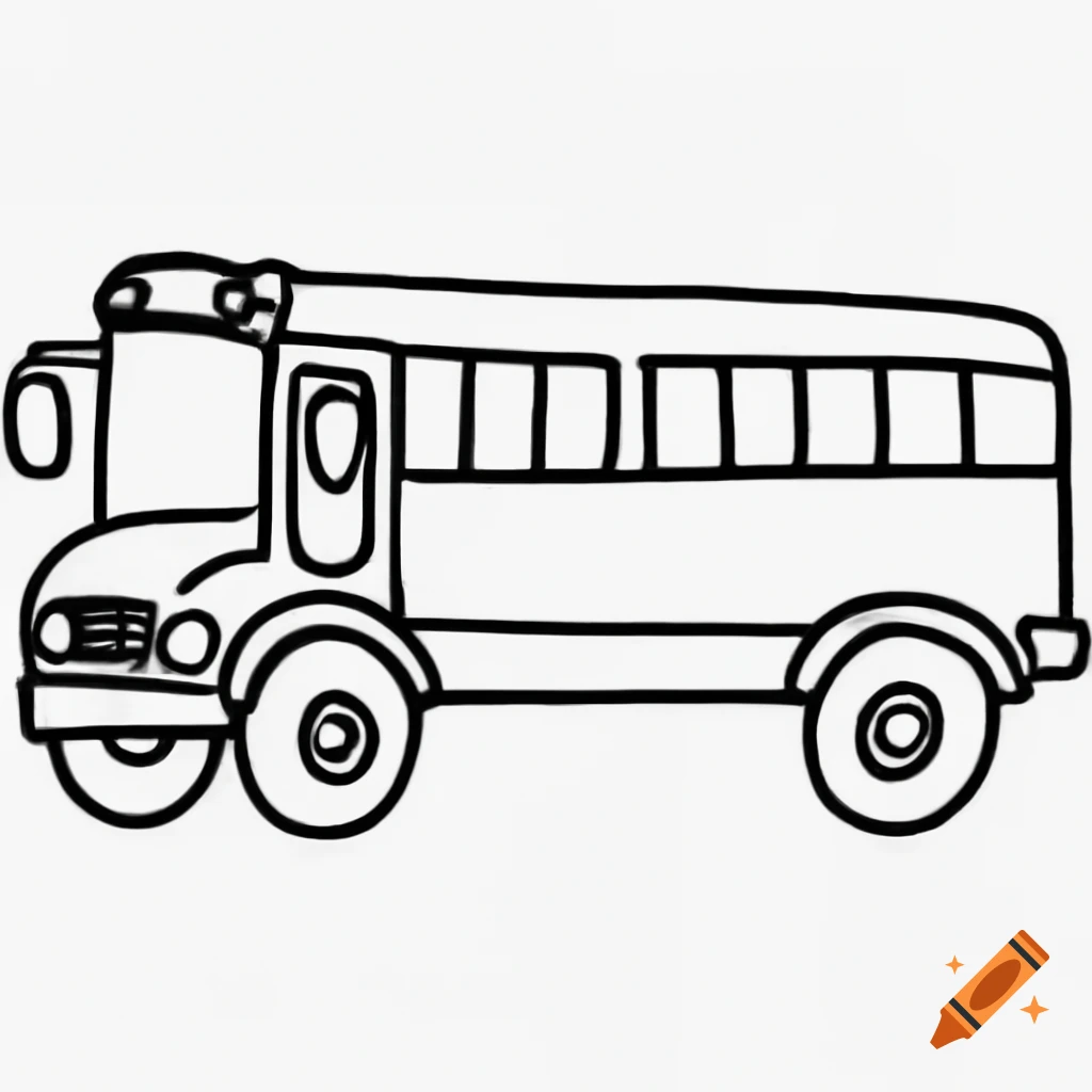 Minimalistic black and white line drawing of a cartoon school bus on ...