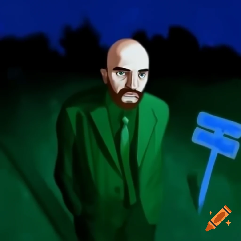 Bald man with beard in green suit standing on grass during blue hour