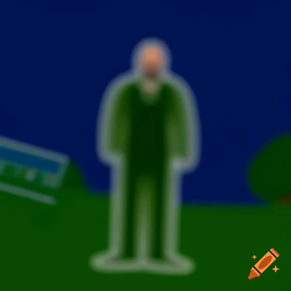Bald man with beard in green suit standing on grass during blue hour