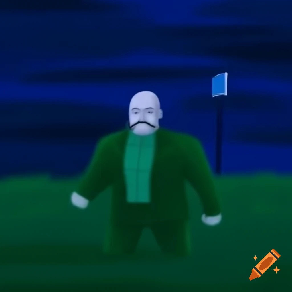 Bald man with beard in green suit standing on grass during blue hour