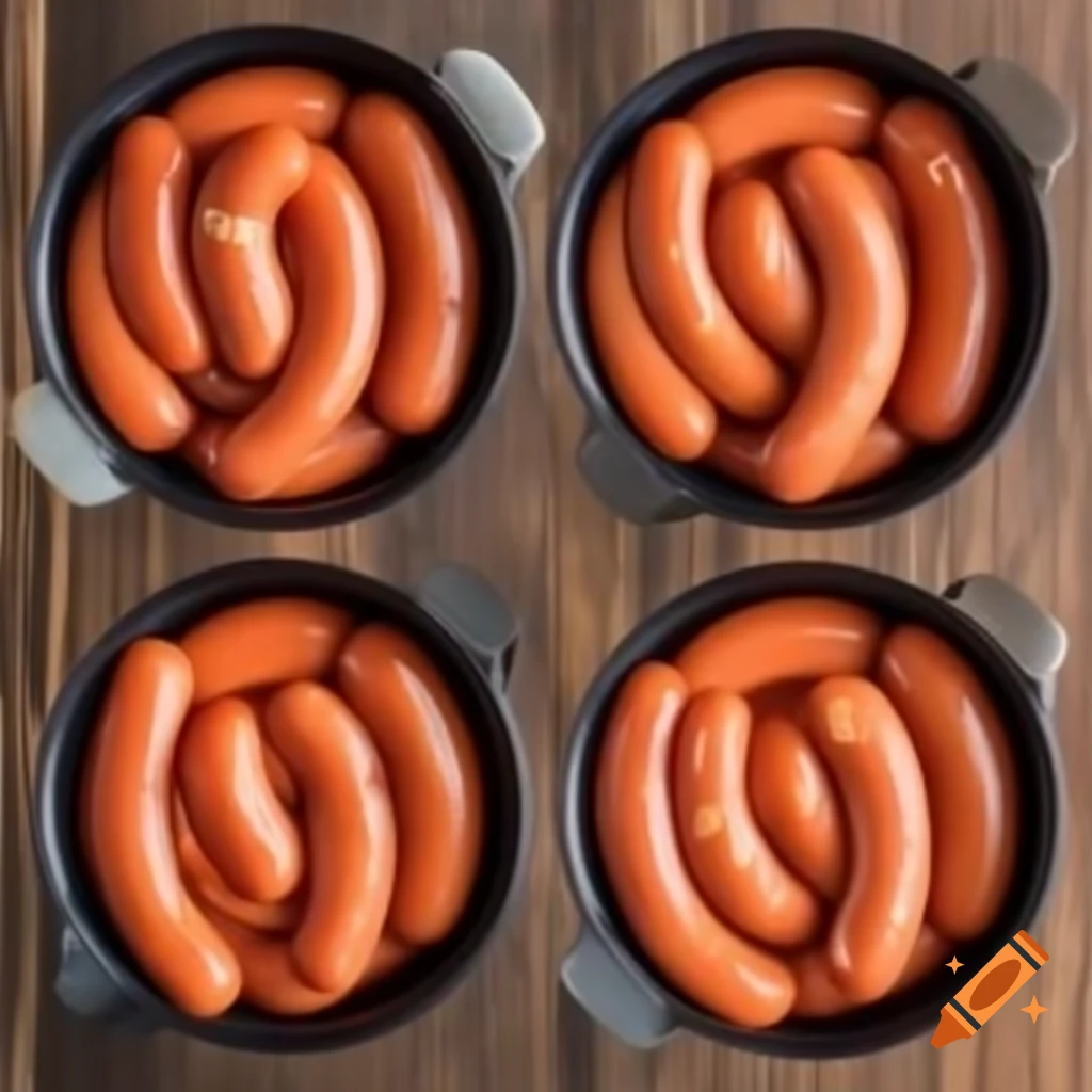One sausage placed in six buckets