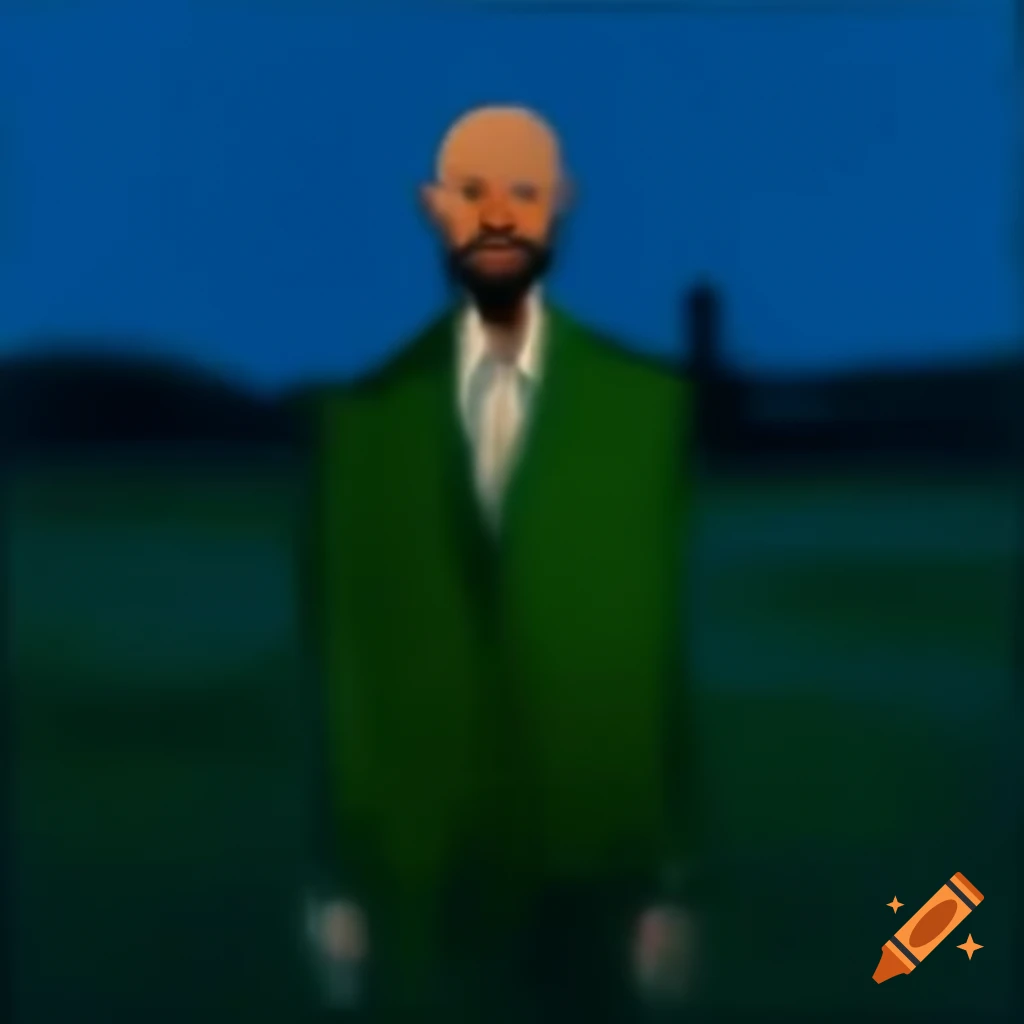 Bald man with beard in green suit standing on grass during blue hour