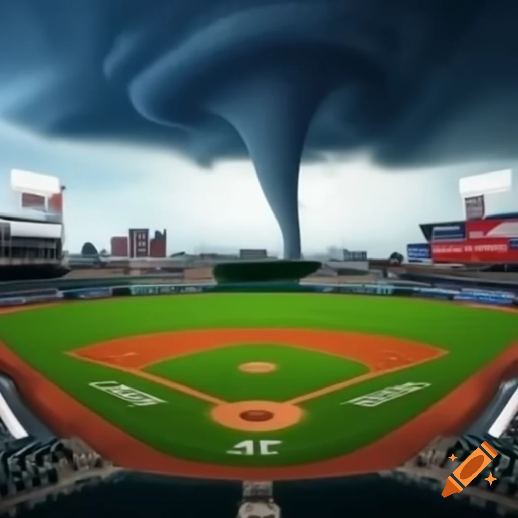 Baseball field with tornado in background, storm chaser name visible