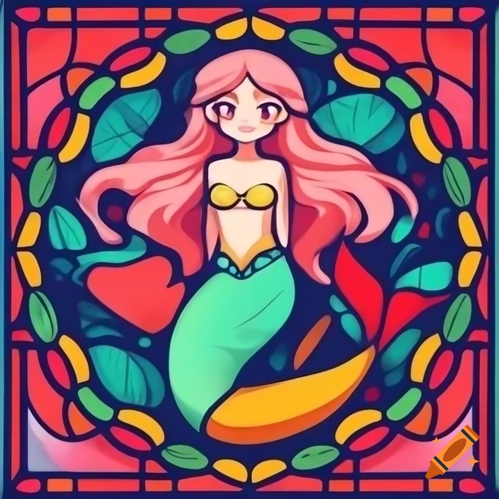 Stained glass design of a mermaid in vibrant colors, portrait orientation