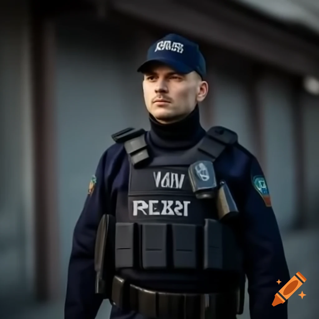 Bulgarian police officer standing resolutely, ready to serve and protect