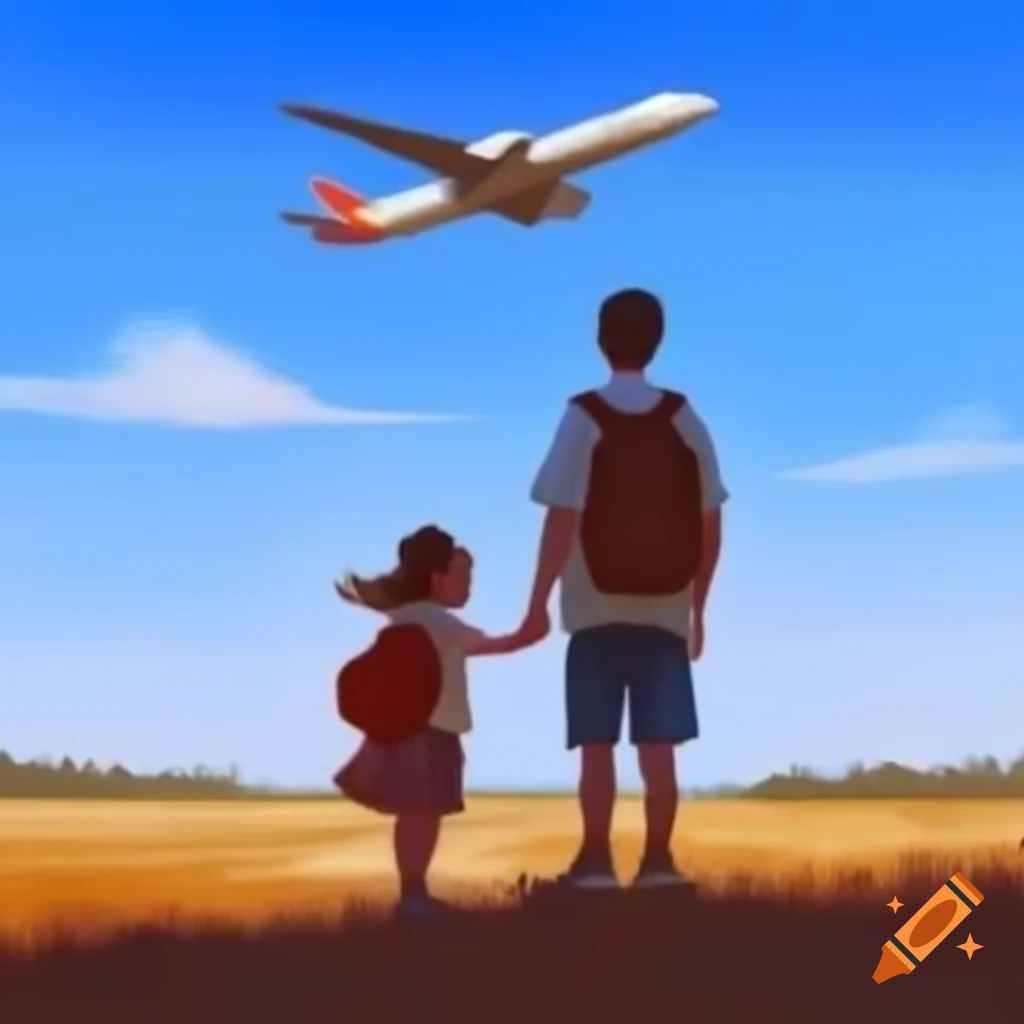 Father and daughter standing together with a plane flying overhead