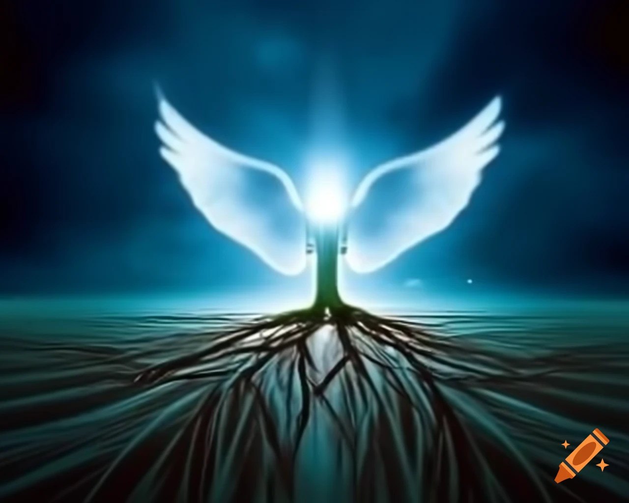 Schematic representation of a human with glowing roots and dove-like wings, vibrant colors