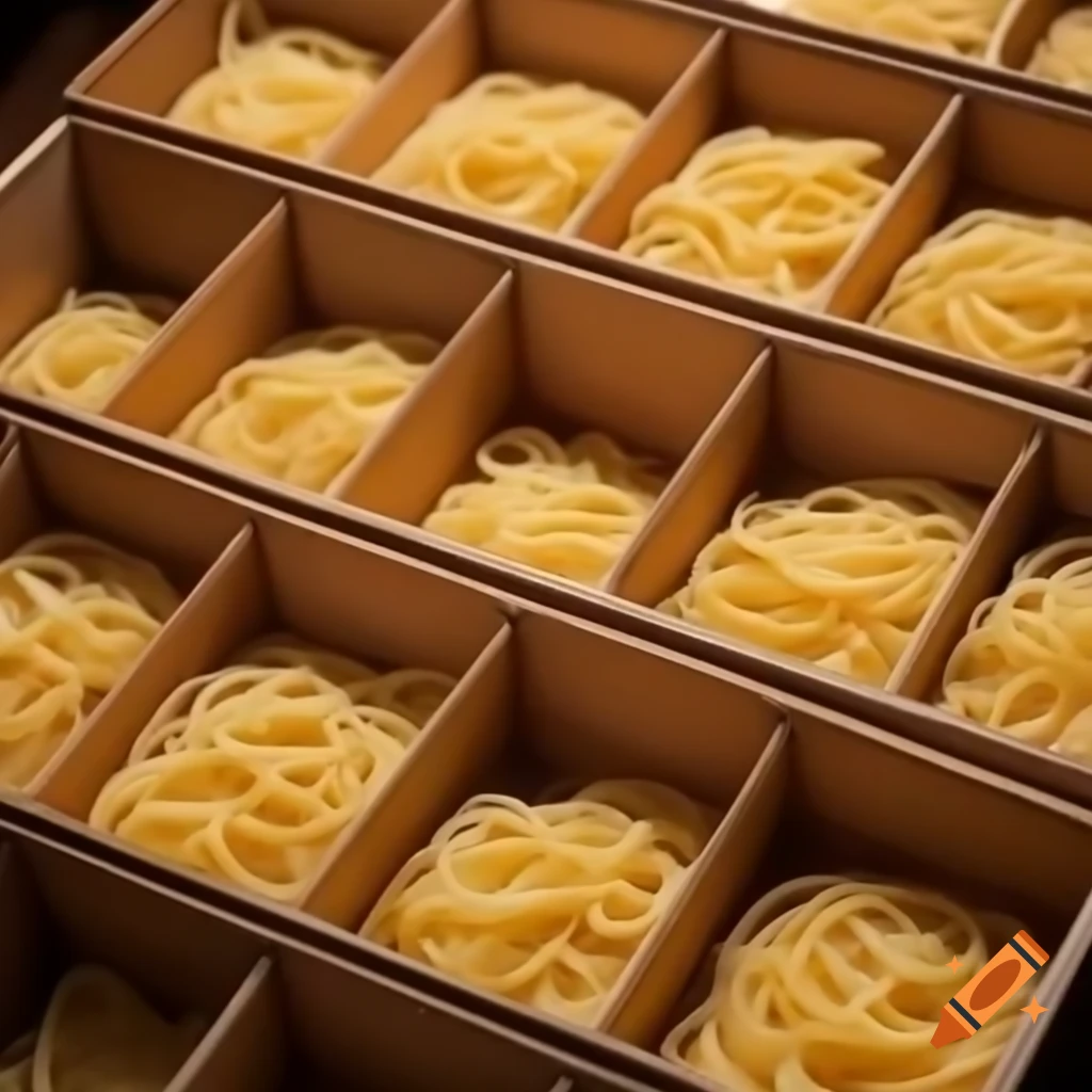 Crates filled with various types of pasta