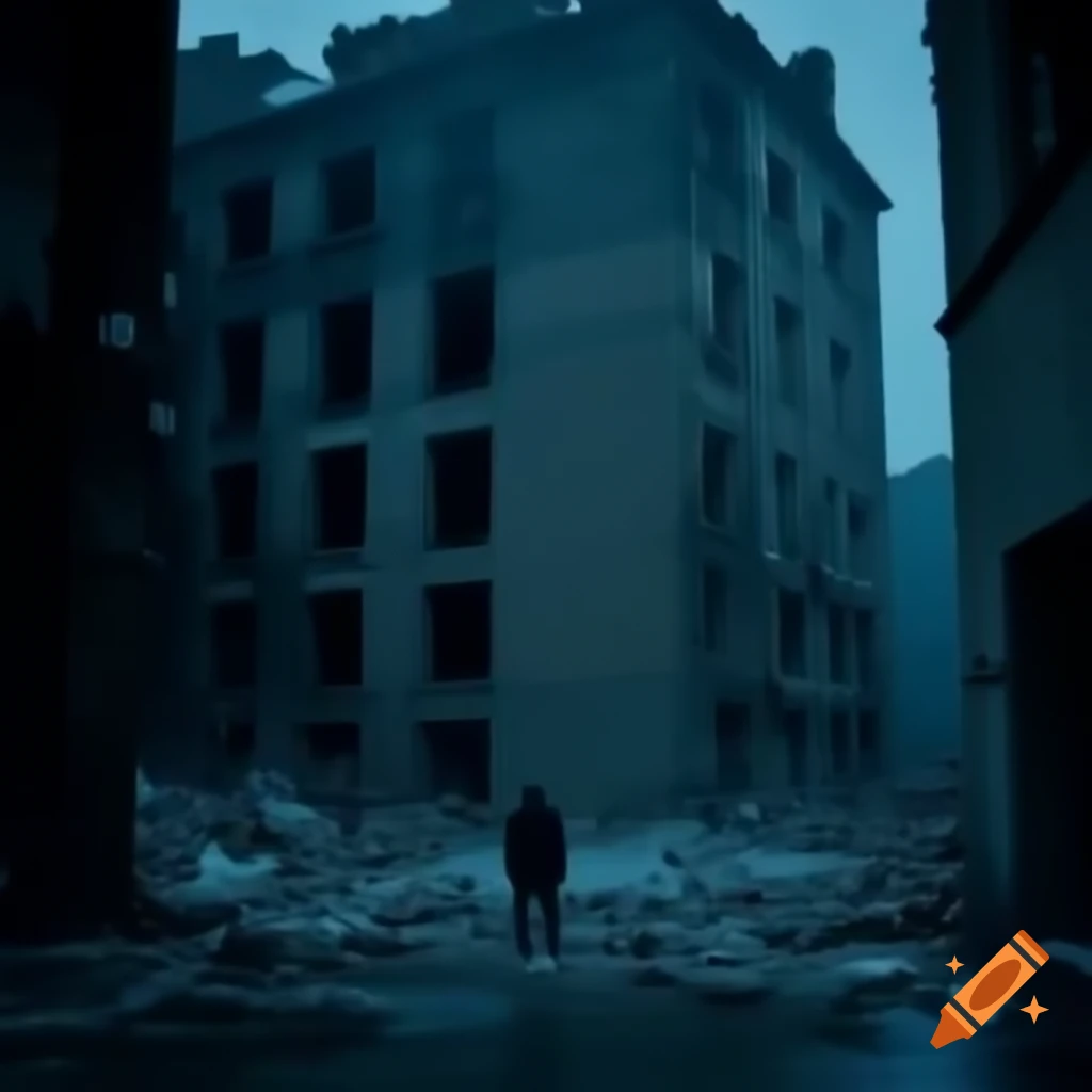 Desolate scene in Helsinki with shadowy remnants of buildings after catastrophic event