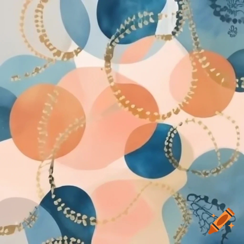 Boho painting in peach, blue, and gold shades