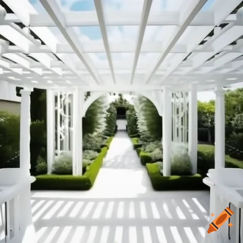 View of white themed garden with central path and white pergola