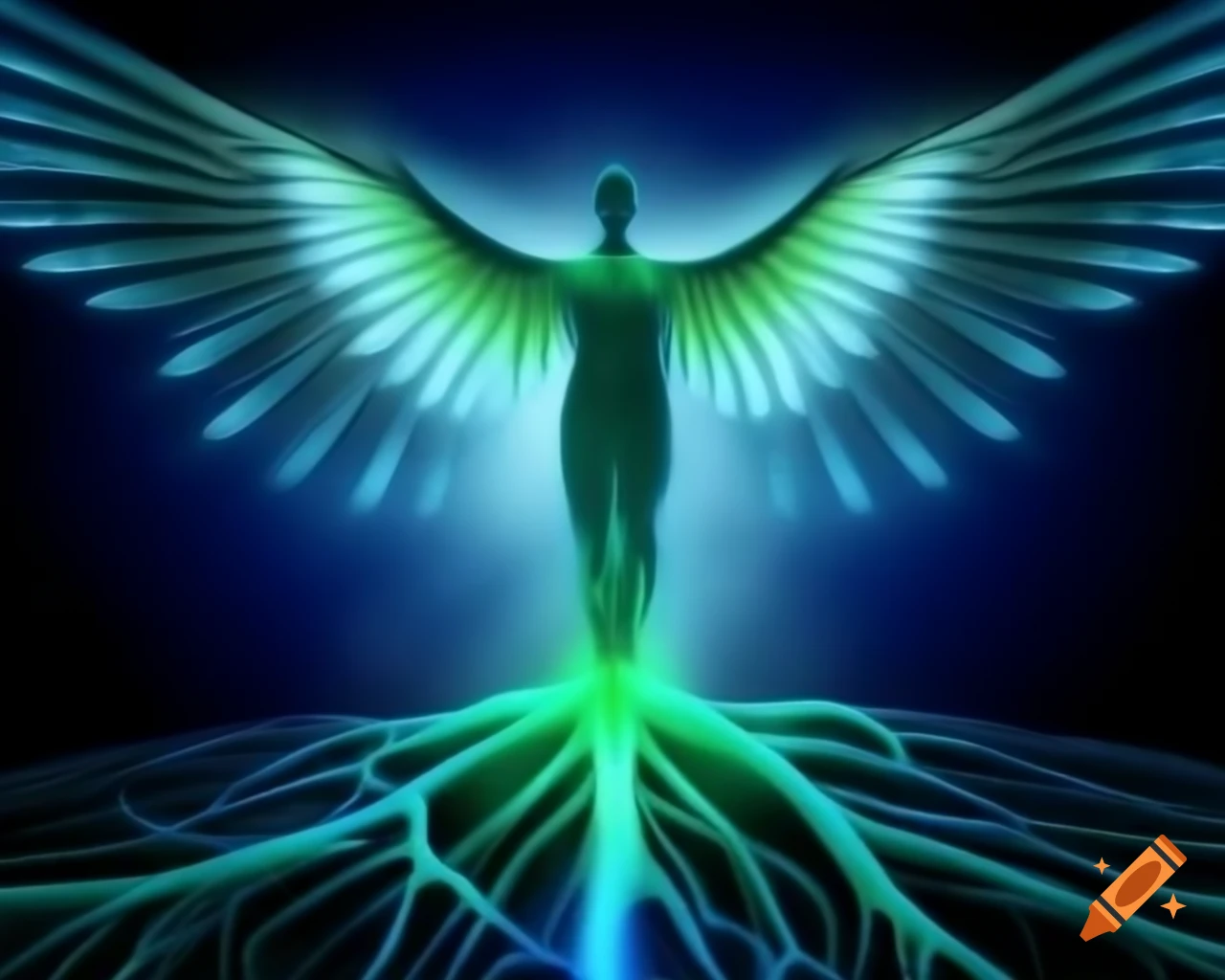 Schematic representation of human with glowing roots and wings, vibrant colors