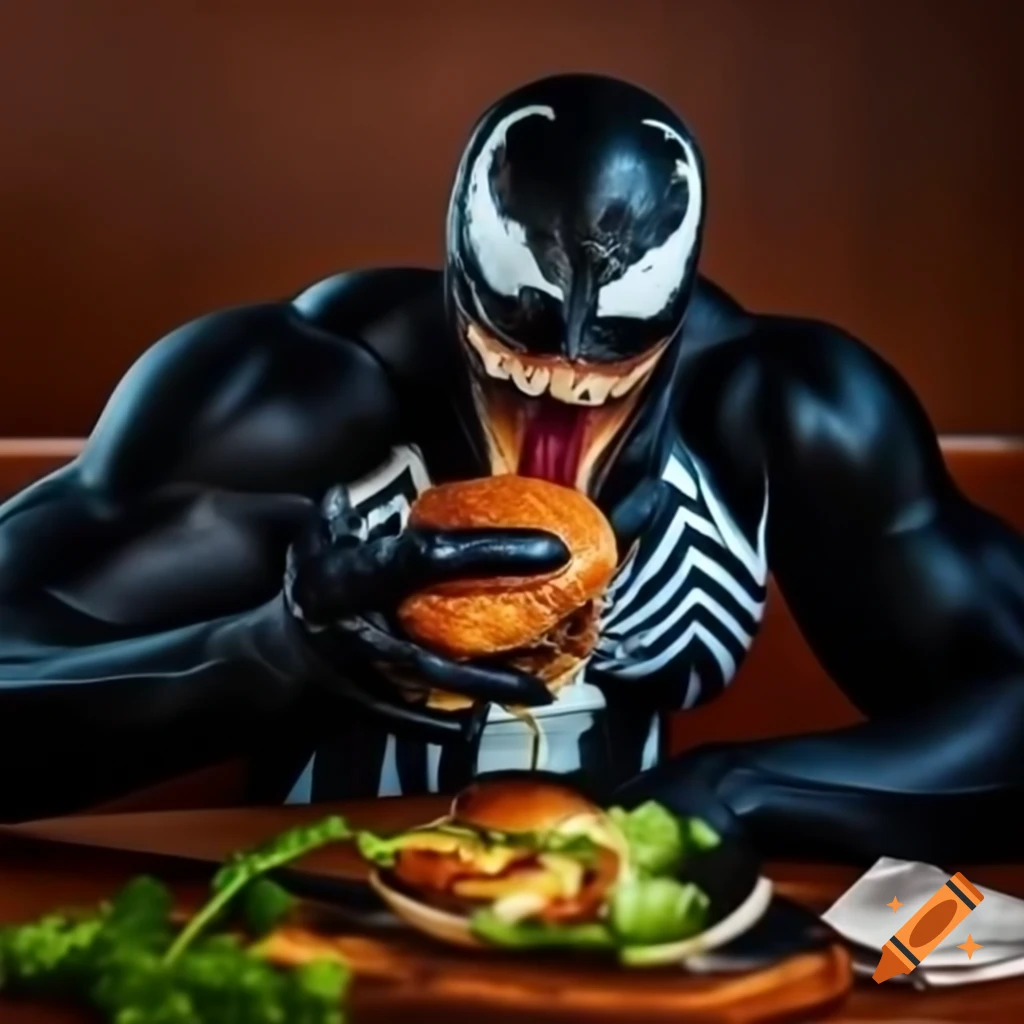 Venom character sitting in McDonald's eating a burger