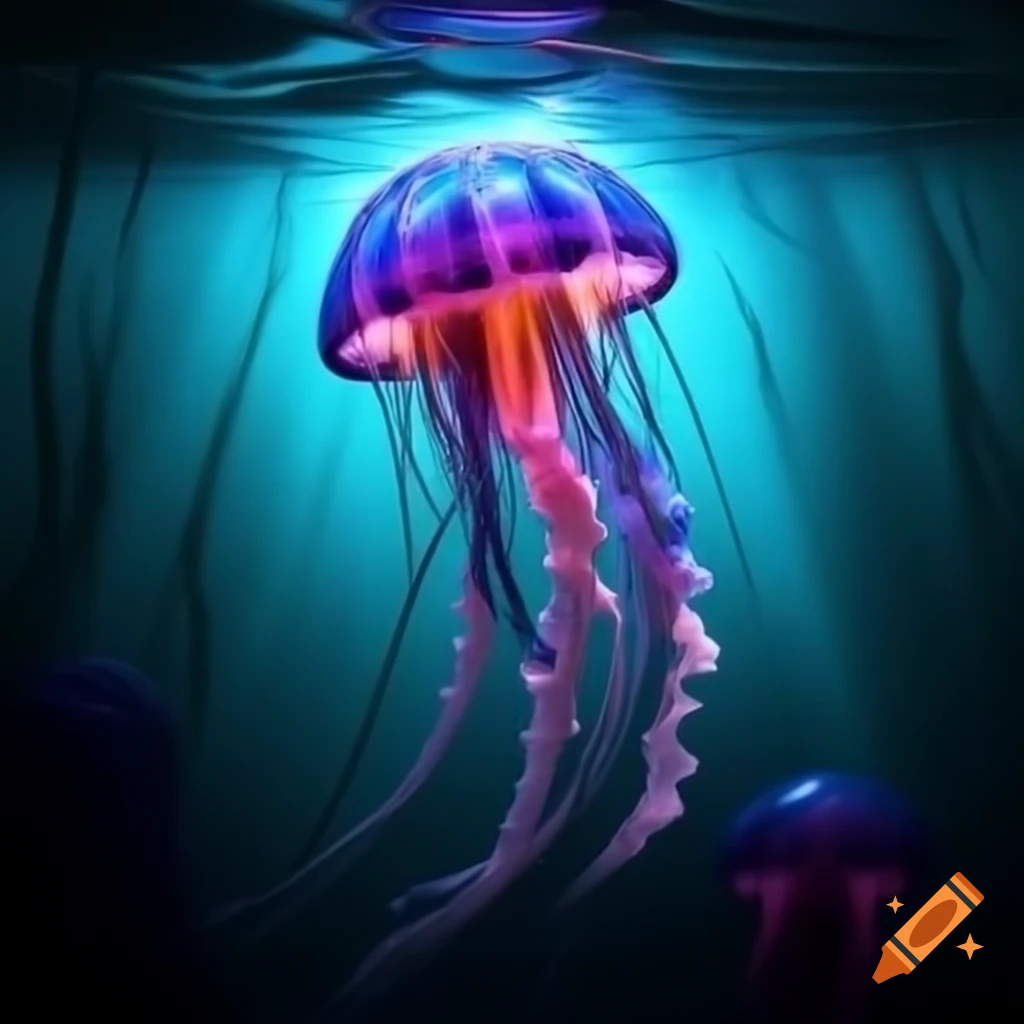Translucent multicolor jellyfish glowing in deep ocean