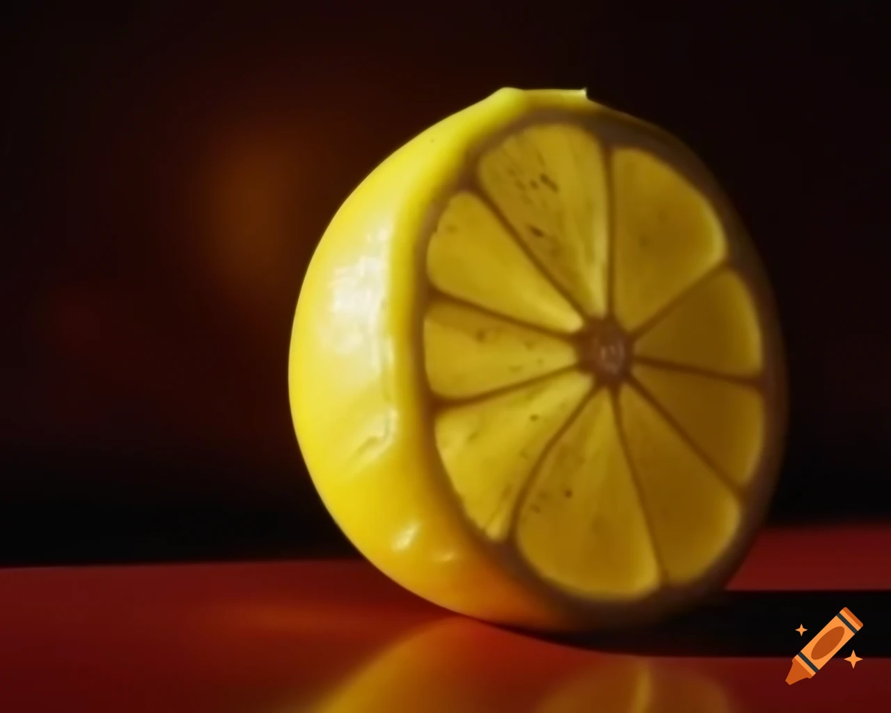 Close-up of sunlit lemon slice against polished mahogany background