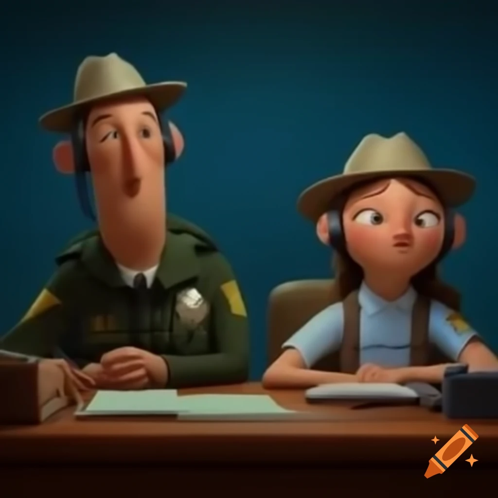 Sheriff couple working at a desk with headsets and hats