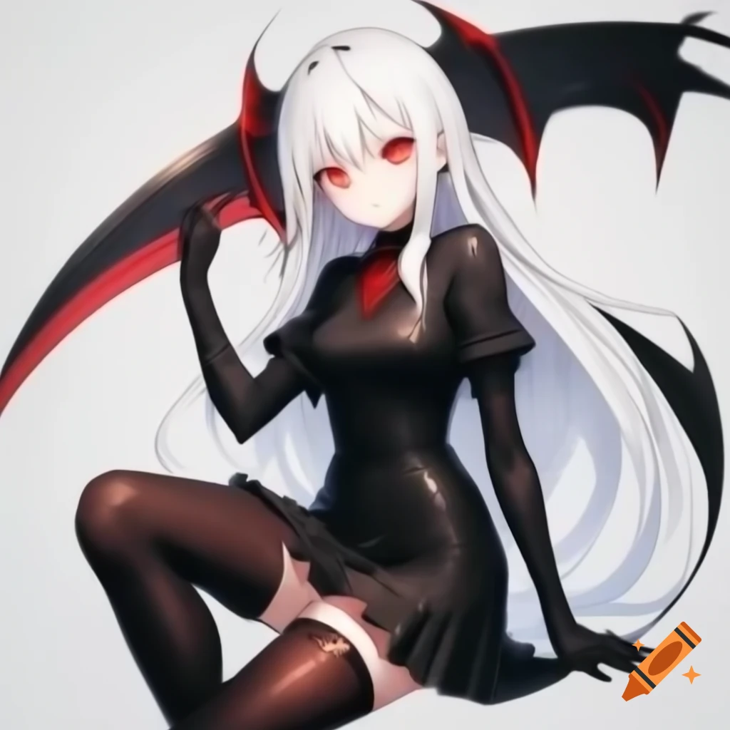 Anime female vampire with white hair and red eyes holding a black scythe