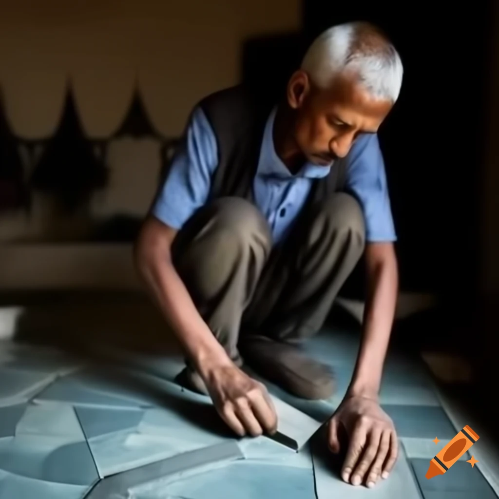 Indian workman fixing tiles on a home floor