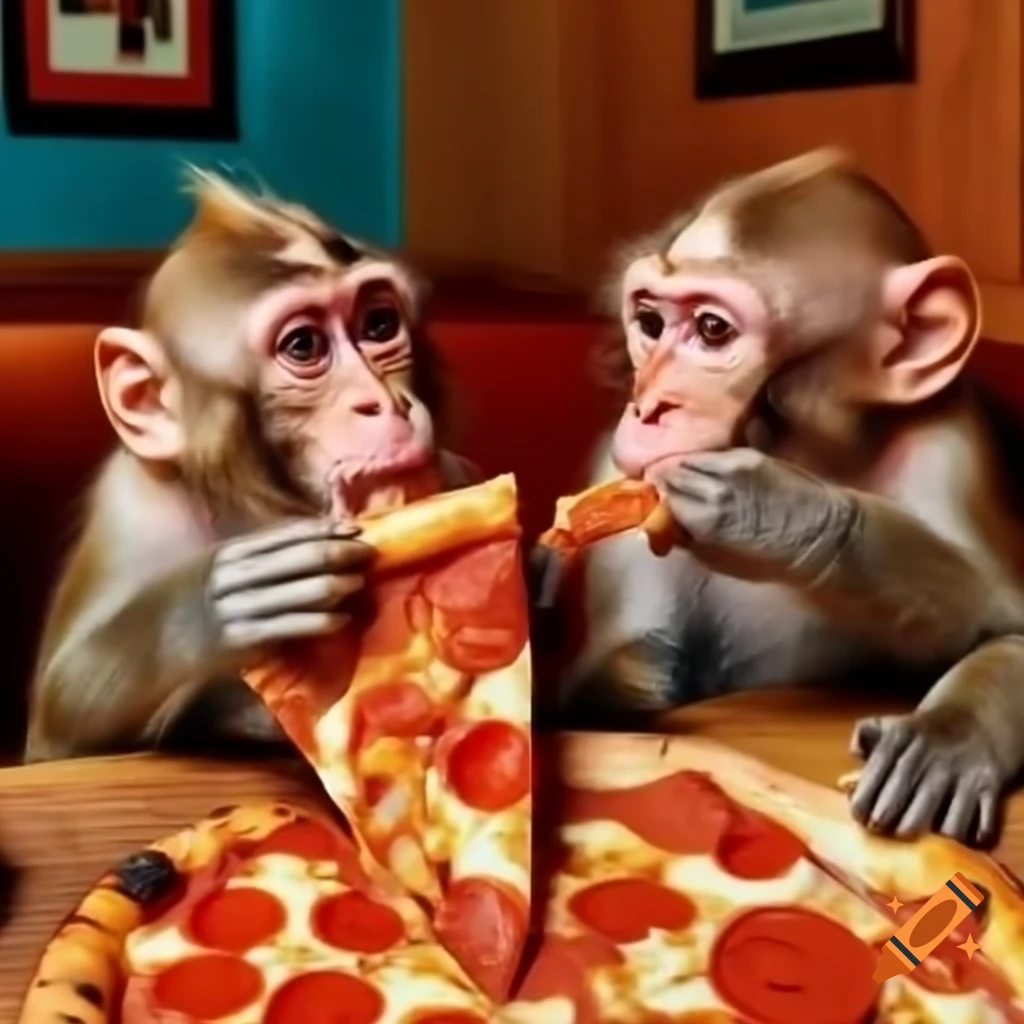 Monkeys enjoying pizza