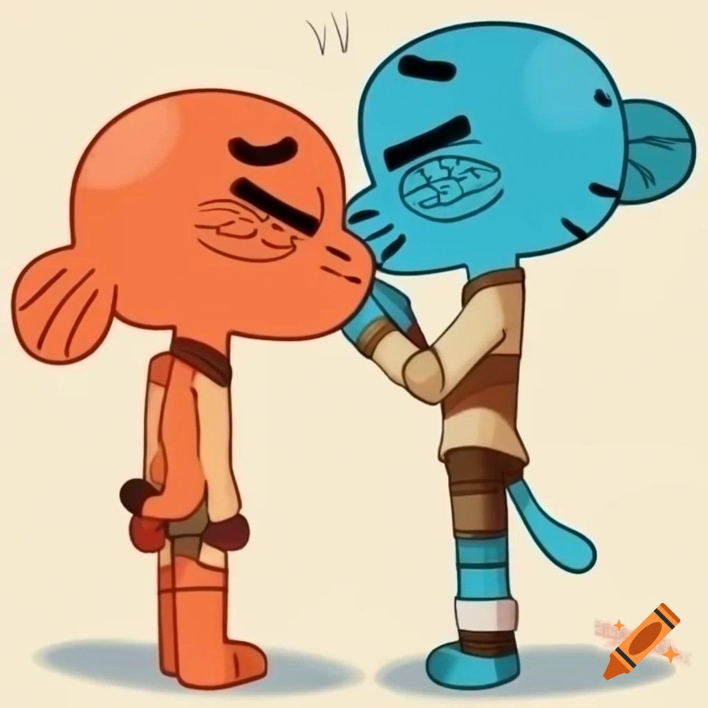 Gumball and Darwin sharing a playful kiss in cartoon style