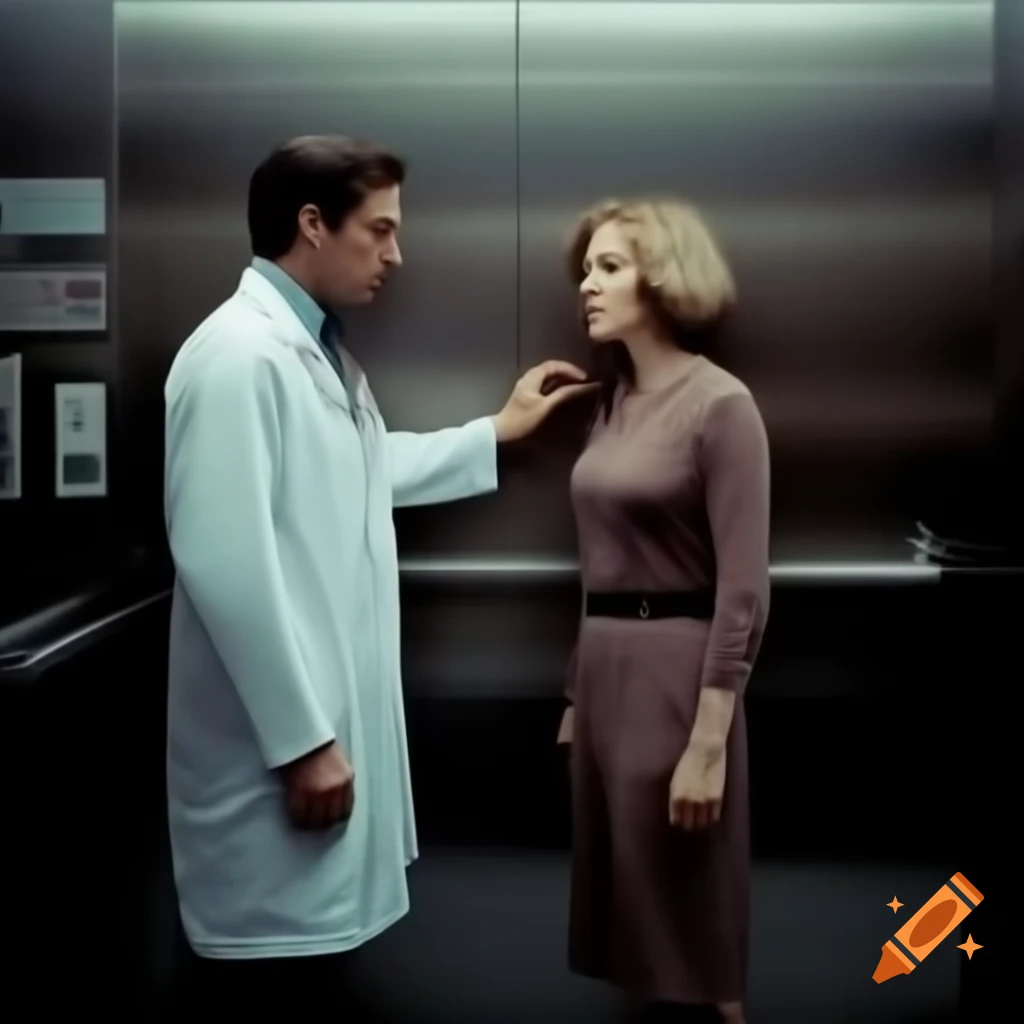 Doctor talking to a woman in an elevator