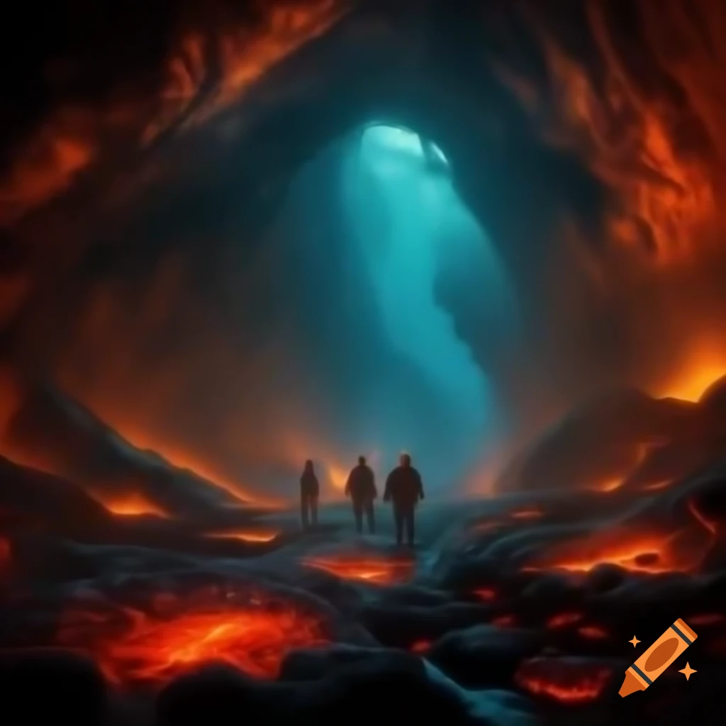 Explorers in underground cave illuminated by lava and bioluminescence