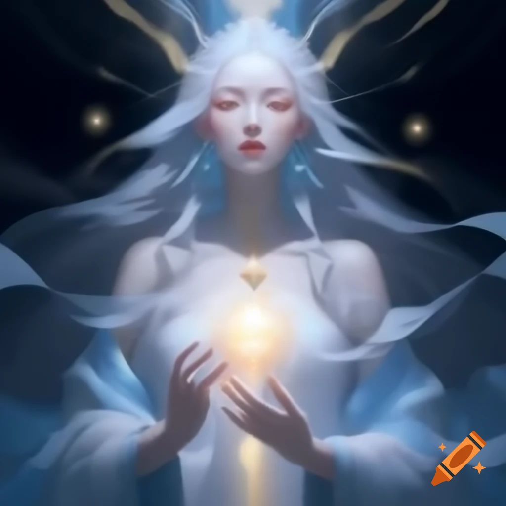 Tall ethereal figure with divine beauty and silver hair radiating ...