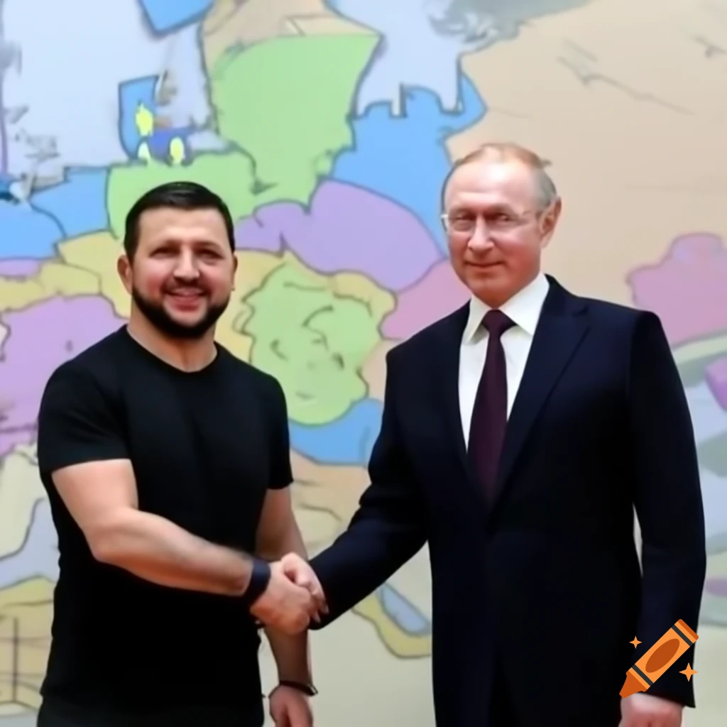 Zelensky and Putin shaking hands before a map of Ukraine on Craiyon