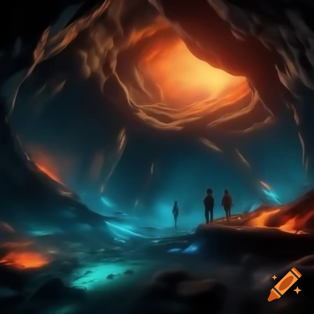 Explorers in underground cave illuminated by lava and bioluminescence